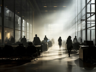 Silhouette of business people in the office with fog and light. Generative AI