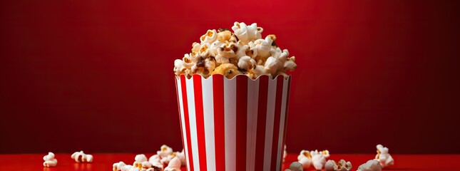 Banner with paper cup with popcorn on bright red background. Striped box. Cinema, movies and entertainment minimal concept with copy space