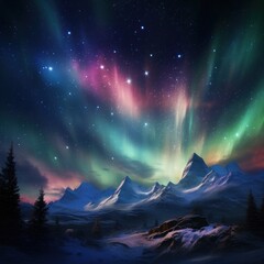 View of the aurora above the clouds and colorful mountains dancing, great for use in backgrounds, websites, etc. Ai generative image