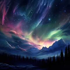 View of the aurora above the clouds and colorful mountains dancing, great for use in backgrounds, websites, etc. Ai generative image