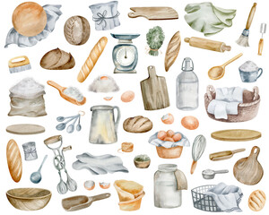 Watercolor illustration with culinary items and products. Baking bread. Flour, spoons, dough, bread, dishes, eggs on a white background.
