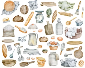 Crédence de cuisine en verre imprimé Pain Watercolor illustration with culinary items and products. Baking bread. Flour, spoons, dough, bread, dishes, eggs on a white background.