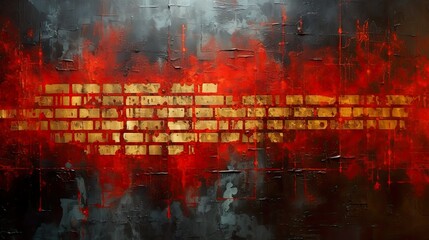 Red and gold shiny abstract painting on canvas, encaustic style with smooth golden surface. Copy space, banner, social media, business.