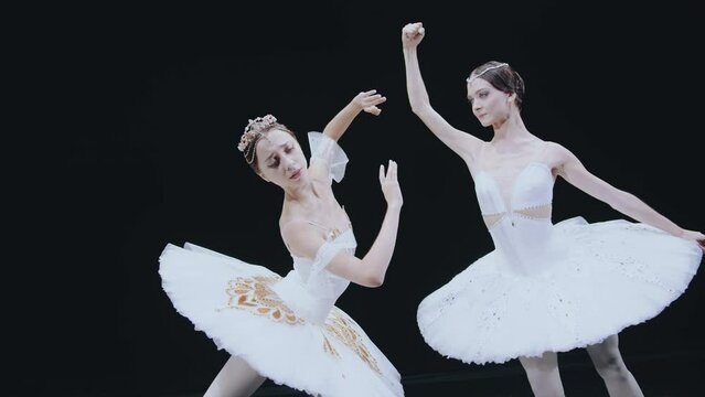 Ballet. Two ballerinas are standing in a beautiful pose. 3D. Bayadere. Rivalry and confrontation of ballerinas.
