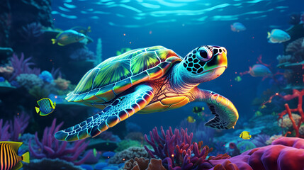 Naklejka na ściany i meble sea turtle swimming in a coral reef with colorful fish. Bright underwater colors during a snorkeling vacation. 