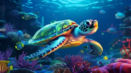 Fotobehang sea turtle swimming in a coral reef with colorful fish. Bright underwater colors during a snorkeling vacation.   © Erik