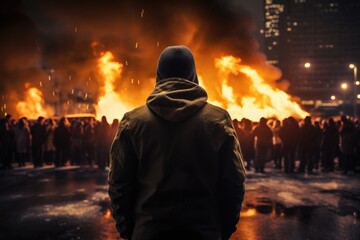 Man standing in front of a burning building in the middle of the city, Back view Aggressive man without face in hood against backdrop of protests and burning cars, AI Generated
