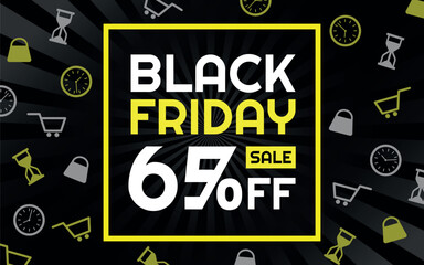 Black Friday Sale 65% off Creative Advertising Banner, Black, White and Yellow, Radial Background, Shop and Limited Time Icons