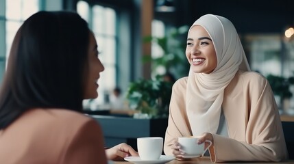 Asian and Caucasian ethnicity women colleagues met in office hall chatting enjoy friendly warm conversation, multi-ethnic mates having informal talk drink tea or coffee take break distracted from work