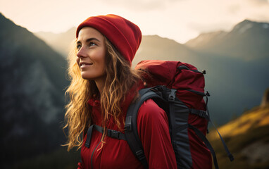 Portrait of an actively engaged strong woman with a backpack on a hiking trip in the mountains
