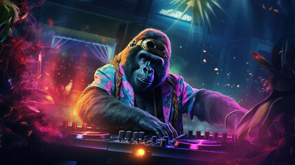A groovy gorilla DJ,  dropping jungle-inspired beats with flair