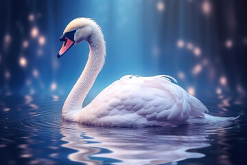 Fototapeta premium A beautiful swan swims on the water on a magical background.Wallpaper. Magic space fantasy postcard