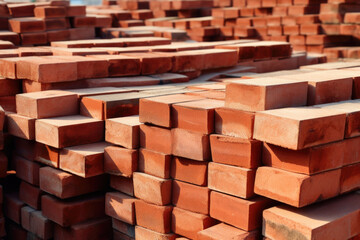 Red bricks stacked at a construction site. Building materials for construction