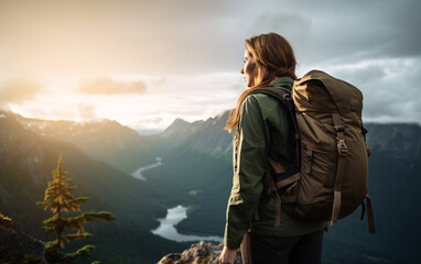 Back view of woman with backpack hiking in the mountains, strong woman concept