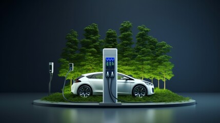 EV charging station for electric car in concept of green energy and eco power produced from sustainable source to supply to charger station in order to reduce CO2 emission . - obrazy, fototapety, plakaty