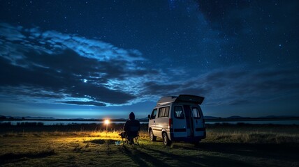 Camper enjoys a night under the starry sky