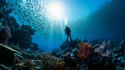 Divers exploring underwater coral reefs and marine life - obrazy, fototapety, plakaty