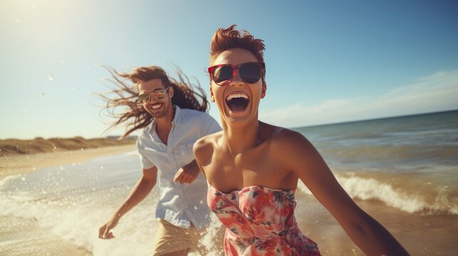 A joyful young couple enjoying themselves on a sunny day at the beach.