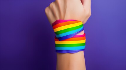 Gay pride concept. Hand making a heart sign with gay pride LGBT rainbow flag wristband ai generated