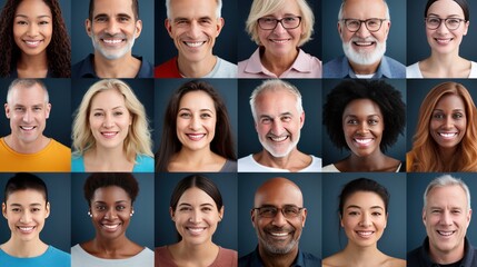 Many happy diverse ethnicity different young and old people group headshots in collage mosaic collection. Lot of smiling multicultural faces looking at camera. Human resource society database concept.
