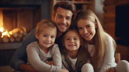 Portrait of happy full bonding family of four, sitting at warm wooden heated floor in living room at home. Smiling lovely young parents hugging little cute children siblings, looking at camera.