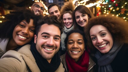 Group of happy multiracial people taking a selfie with christmas cutome ai generated - obrazy, fototapety, plakaty