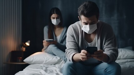 Quarrel over devices and mistress online during covid-19 quarantine. Focus on sad woman, covering her face with hands, sitting on bed, man typing on smartphone in minimal bedroom interior, free space - obrazy, fototapety, plakaty