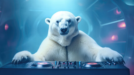 A polar bear DJ,  dropping icy-cool beats in a nightclub igloo - obrazy, fototapety, plakaty