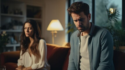 Sad depressed wife feeling upset after fight with husband, disappointed frustrated millennial girlfriend and boyfriend avoiding talk, couple tired of bad relationships and marriage problems concept - obrazy, fototapety, plakaty