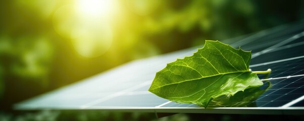 Panoramic close-up of a leaf over a solar panel with a green blurry background - obrazy, fototapety, plakaty