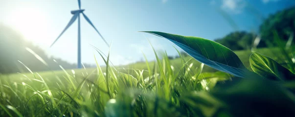 Tuinposter Close-up of a green grass field with a wind turbine on the background representing clean renewable energy, alternative power production and net zero carbon emissions. © Joe P