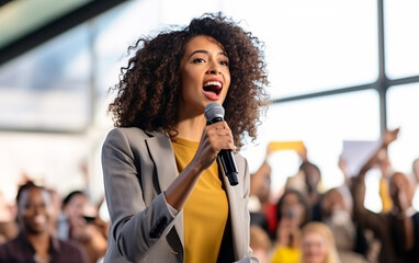 Public speaking, African American young strong woman in front of crowd of people - obrazy, fototapety, plakaty