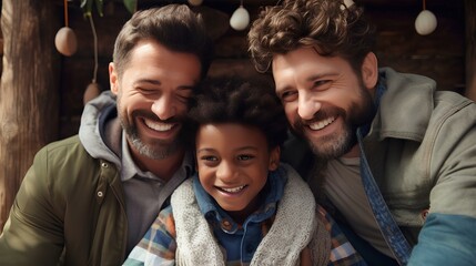 male gay couple with son having fun. Adoption concept ai generated - obrazy, fototapety, plakaty