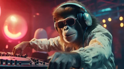 Gordijnen A jazzy monkey DJ,  swinging to the tunes in the club © basketman23