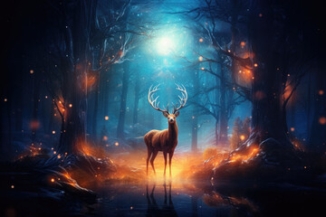 Magical fantasy background with a beautiful deer against the backdrop of a magical forest, beautiful lighting.Digital photography.