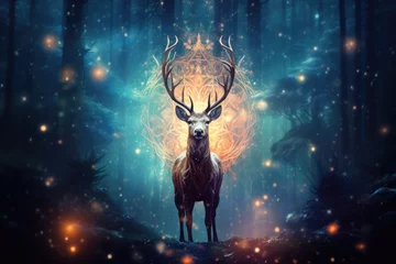 Magical fantasy background with a beautiful deer against the backdrop of a magical forest, golden bokeh, beautiful lighting.Digital photography. © syhin_stas