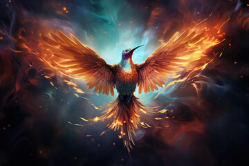 Beautiful firebird on the magical background. Phoenix.Burning bird. Mythical Creature. Legend. Fantasy Fiery bird.Fairytale wallpaper. Magic postcard.
