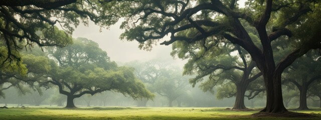 Wide view of Oak trees in graduating mist
