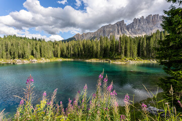 Carezza lake on a sunny day, Italy.