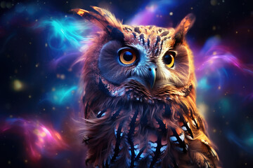 Beautiful magical owl on a magical glowing night background.Wallpaper. Fairytale card.