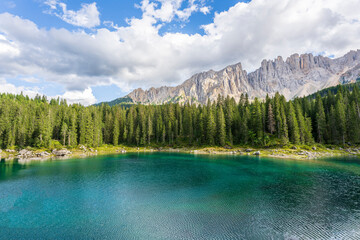 Carezza lake on a sunny day, Italy. - 655328055