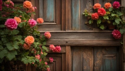 Fototapeta na wymiar flowers on the wooden background, old door