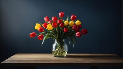 vase with beautiful tulips isolated on dark background, flower shop mockup