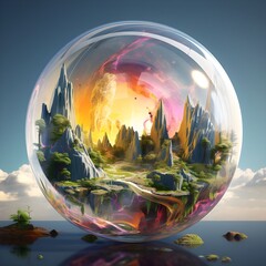 海の上のような空間に浮かぶ透明な球体の中に美しい世界がある絵