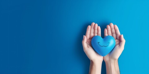 Fototapeta premium Hand hold blue heart, Father’s Day banner. Generative AI