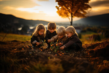 Four kids picking wild apricots from the ground. Outdoor shot.