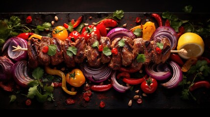  a skewer of meat and vegetables on a grill.  generative ai