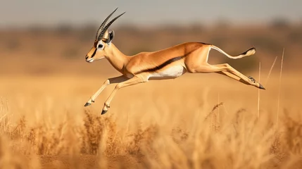 Foto auf Alu-Dibond  a gazelle leaping in the air in a field of tall grass.  generative ai © Anna