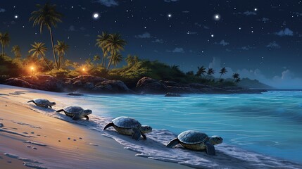  a painting of three turtles on a beach at night time.  generative ai