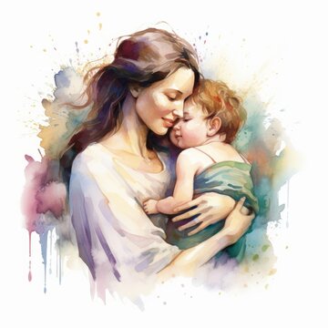 Mother hold baby , watercolor style Generative AI